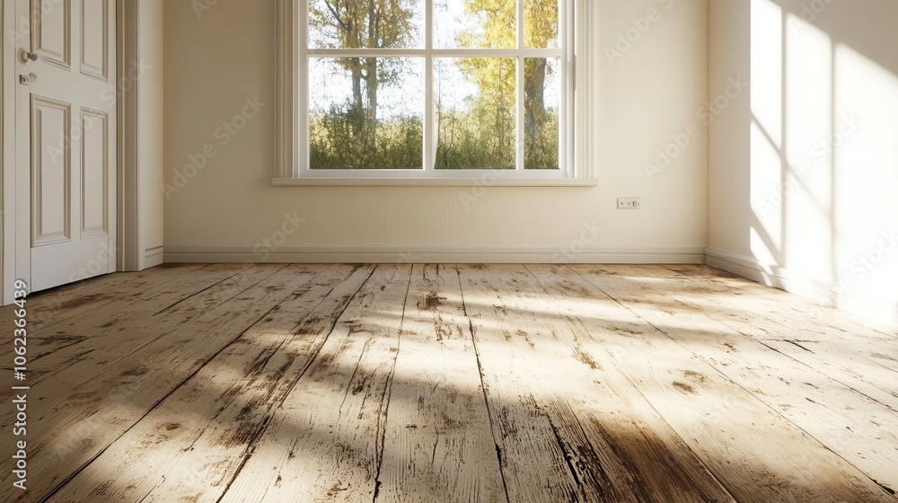 A minimalist room featuring a distressed wooden floor, highlighted by the natural light pouring in through the window. A serene, simple, and airy space. A minimalist room featuring a distressed wooden floor, highlighted by the natural light pouring in through the window. A serene, simple, and airy space.