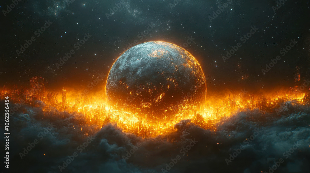 Fototapeta premium Imaginary glowing planet surrounded by a fiery cityscape under a starry sky, creating a surreal apocalyptic feel