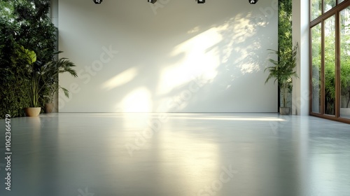 A bright, spacious room with a smooth floor; sunlight streams through large windows, creating leafy shadows. Lush greenery lines the walls, creating an inviting atmosphere. photo