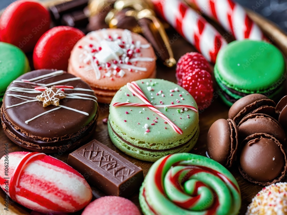 A vibrant display of Christmas sweets on a table, featuring an array of colorful candies, cookies, and festive treats, all invitingly arranged for the holiday season A vibrant display of Christmas sweets on a table, featuring an array of colorful candies, cookies, and festive treats, all invitingly arranged for the holiday season