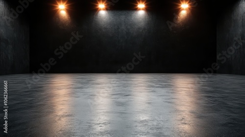 An empty, dark room with a glossy floor highlighted by the soft glow of four ceiling spotlights, creating a sense of mystery and potential creative uses.