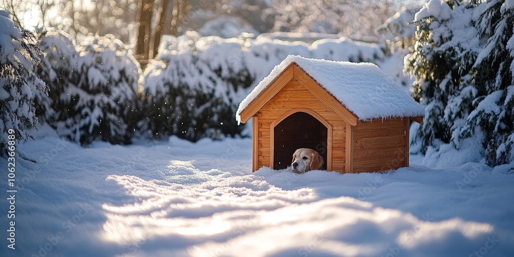 Wooden dog house in winter covered with snow Wooden dog house in winter covered with snow