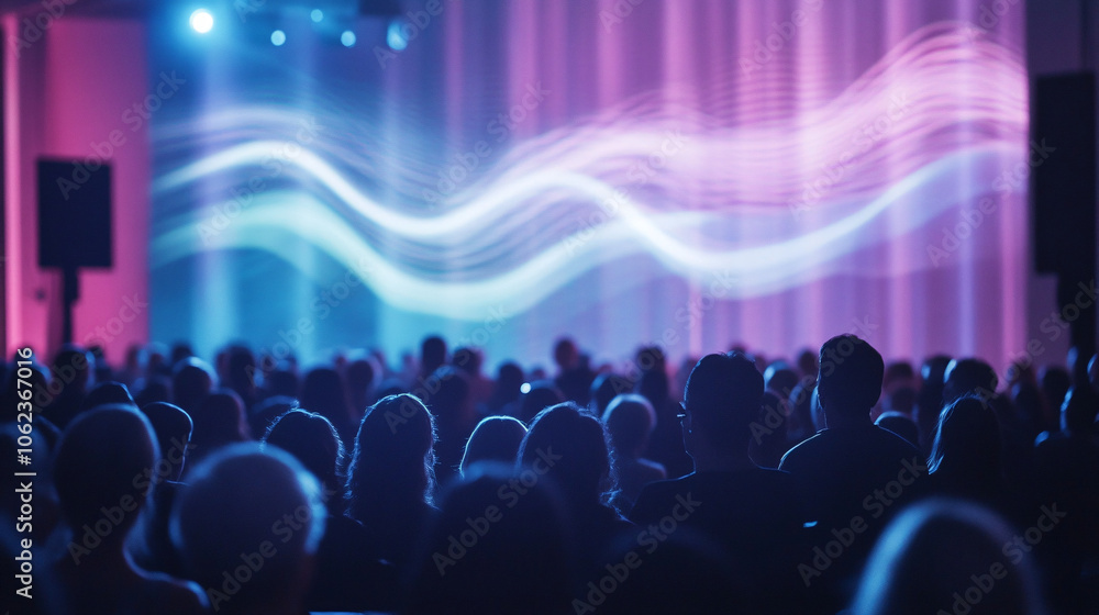 Speakers Hovering Above an Audience, Their Words Projecting as Glowing Waves Across the Room Speakers Hovering Above an Audience, Their Words Projecting as Glowing Waves Across the Room