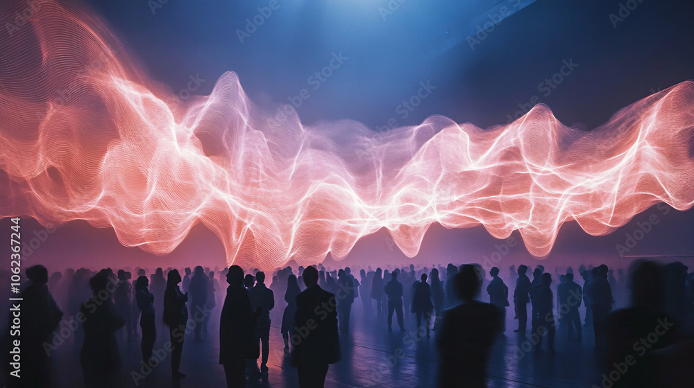 Speakers Hovering Above an Audience, Their Words Projecting as Glowing Waves Across the Room Speakers Hovering Above an Audience, Their Words Projecting as Glowing Waves Across the Room