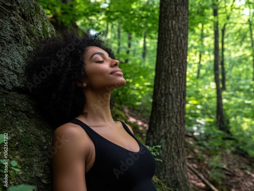 A woman enjoys the tranquility of the forest, breathing in fresh air against a backdrop of lush green trees.