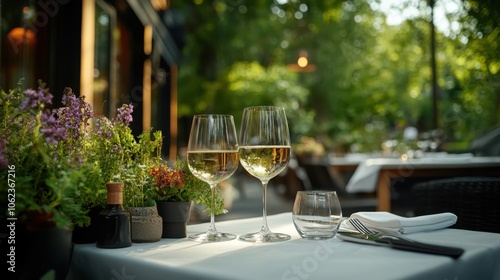 A set outdoor dining table features a pair of wine glasses against the backdrop of lush greenery, creating an elegant and inviting atmosphere for dining. photo