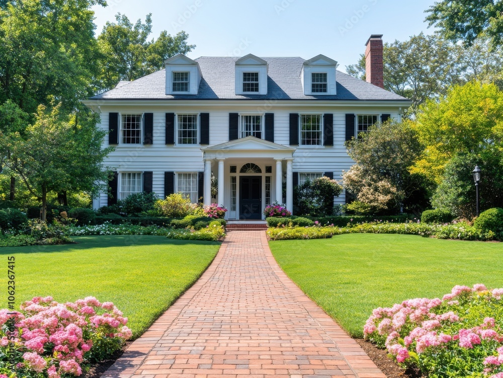 Classic white clapboard house with a striking red brick path leading to the entrance, surrounded by lush greenery and colorful flowers on a sunny day. Classic white clapboard house with a striking red brick path leading to the entrance, surrounded by lush greenery and colorful flowers on a sunny day.