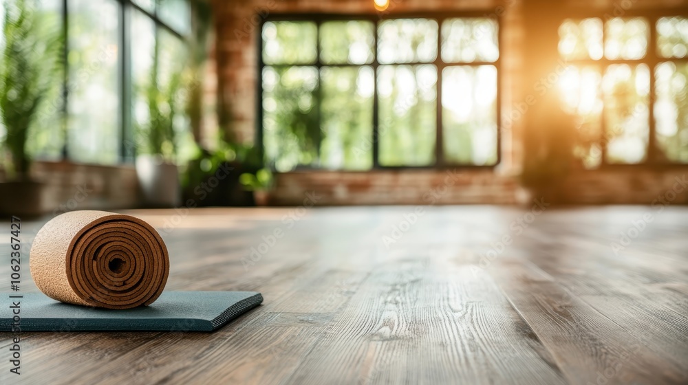 A beautifully lit yoga studio with a single rolled mat set on a wooden floor, surrounded by lush green plants, embodies tranquility and focus. A beautifully lit yoga studio with a single rolled mat set on a wooden floor, surrounded by lush green plants, embodies tranquility and focus.