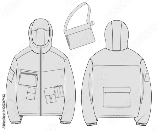 Packable utility hooded full zip jacket technical fashion flat sketch front and back views. Multiple pocket design template. 