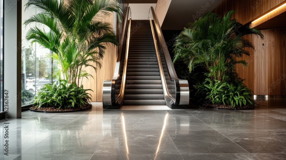 A stylish escalator is set against a wooden panel backdrop, accompanied by vibrant green plants, reflecting harmony between urban elements and nature. A stylish escalator is set against a wooden panel backdrop, accompanied by vibrant green plants, reflecting harmony between urban elements and nature.