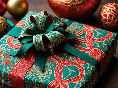 A festive gift box wrapped in bright paper with a colorful ribbon, ready to be opened and spread holiday cheer, symbolizing the joy of giving photo