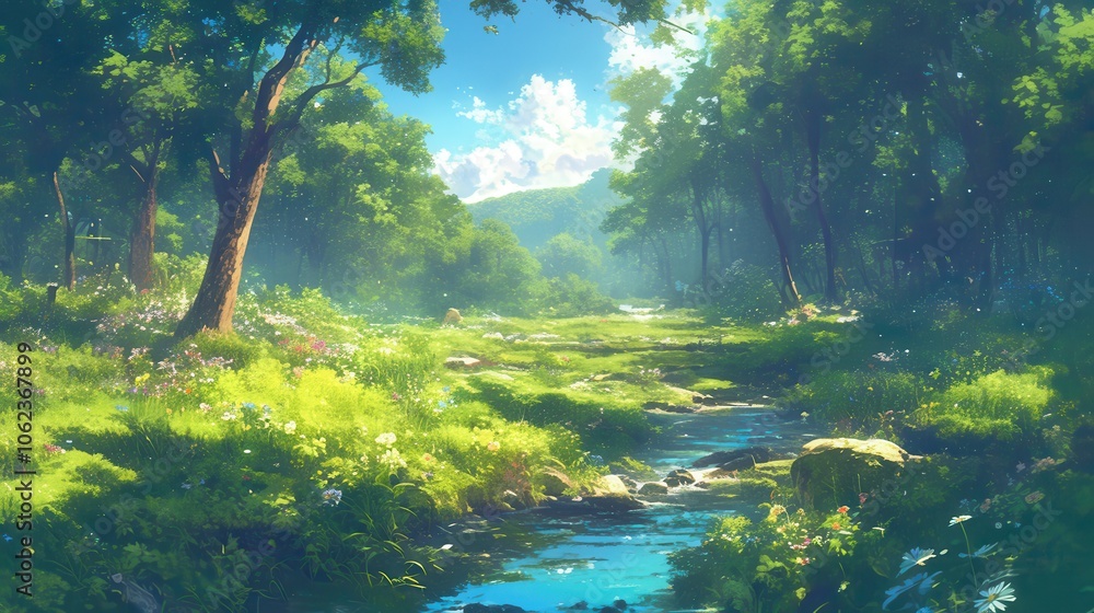 A serene forest landscape featuring a clear stream and vibrant wildflowers under a bright blue sky. A serene forest landscape featuring a clear stream and vibrant wildflowers under a bright blue sky.