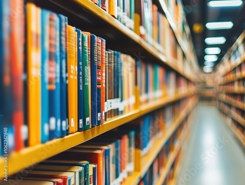 A colorful, blurred view of a public library's interior space, with rows of books on shelves extending into the distance.