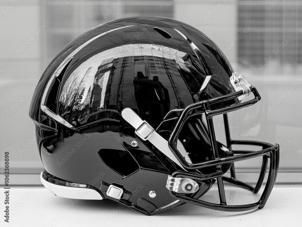 Fototapeta premium A sleek, monochrome football helmet with a glossy finish, highlighting its modern design and sporty appeal.