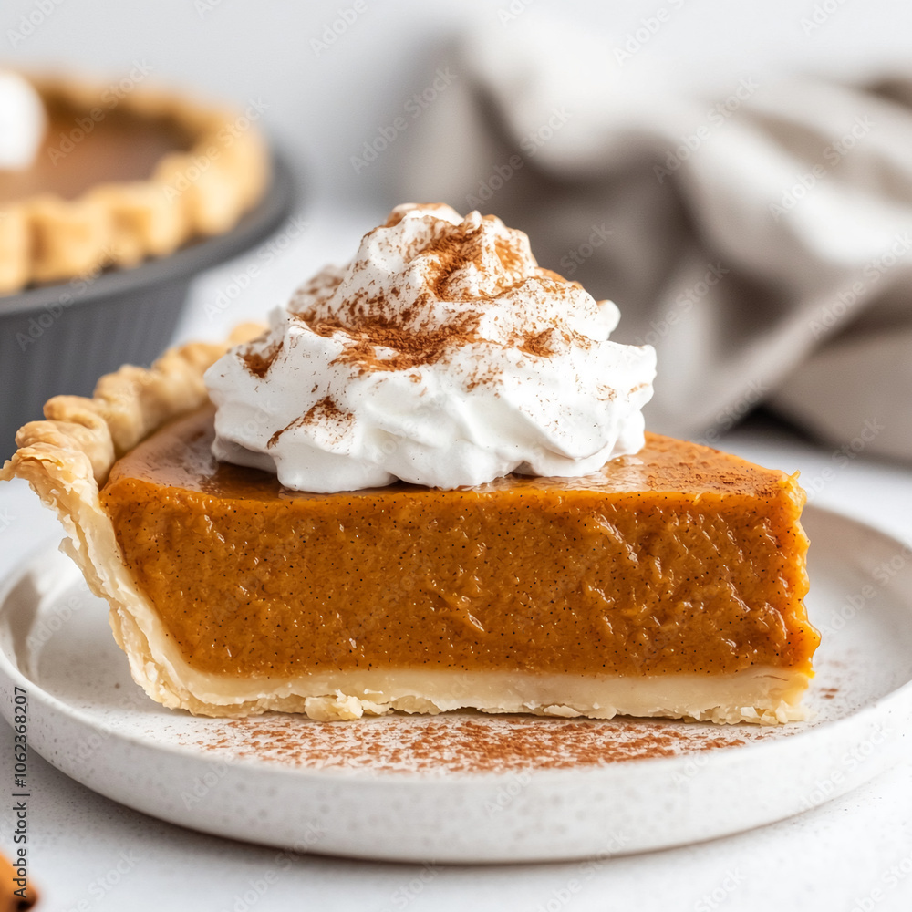 A slice of pumpkin pie with whipped cream and cinnamon on top is on a white plate A slice of pumpkin pie with whipped cream and cinnamon on top is on a white plate