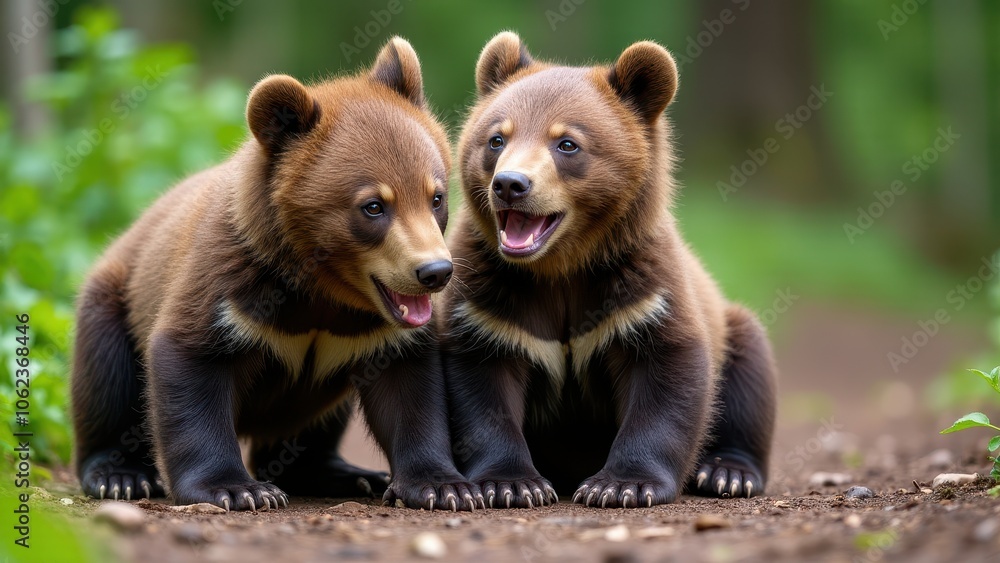 A lively image of two grizzly cubs playing amidst the vibrant green leaves, showcasing their youthful exuberance. A lively image of two grizzly cubs playing amidst the vibrant green leaves, showcasing their youthful exuberance.