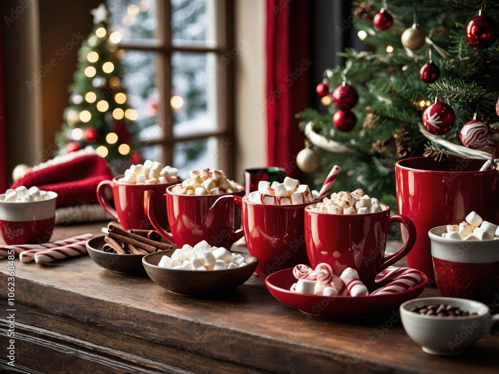 A cozy cup of hot chocolate topped with fluffy marshmallows, creating a warm and inviting Christmas treat surrounded by festive decorations A cozy cup of hot chocolate topped with fluffy marshmallows, creating a warm and inviting Christmas treat surrounded by festive decorations