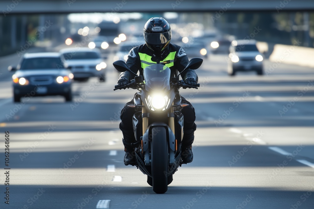 Motorcyclist passing cars on wide, open highway Motorcyclist passing cars on wide, open highway