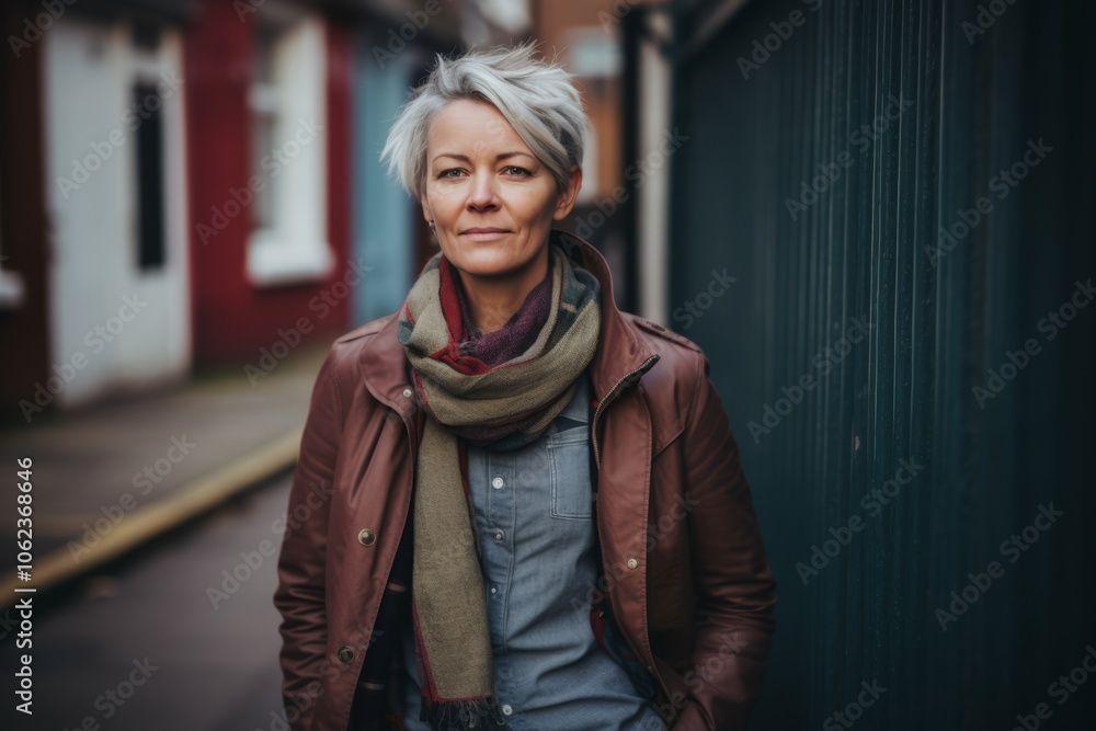 Portrait of a beautiful middle-aged woman with short gray hair, wearing a brown coat and scarf, standing in an old town street. Portrait of a beautiful middle-aged woman with short gray hair, wearing a brown coat and scarf, standing in an old town street.