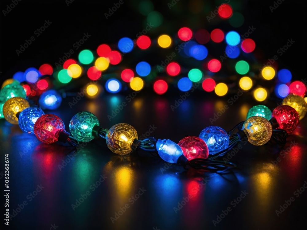 Close-up of colorful garlands glowing in the darkness, creating a vibrant and festive atmosphere with their bright lights in the night Close-up of colorful garlands glowing in the darkness, creating a vibrant and festive atmosphere with their bright lights in the night