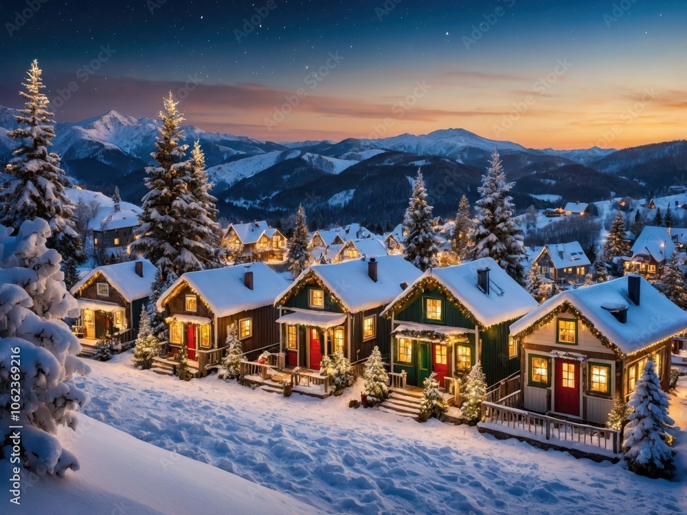 A cozy mountain village with snow-covered houses nestled among the peaks, capturing the peaceful magic of Christmas and creating a warm, festive winter scene A cozy mountain village with snow-covered houses nestled among the peaks, capturing the peaceful magic of Christmas and creating a warm, festive winter scene