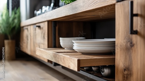 A wooden kitchen shelf reveals an array of neatly stacked white dishes, highlighting organization and modern design within a home culinary space. photo