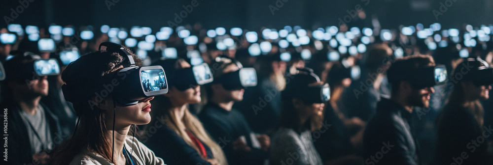 Suspended Rows of People Holding Virtual Reality Headsets, All Immersed in a Shared Digital Conference Experience Suspended Rows of People Holding Virtual Reality Headsets, All Immersed in a Shared Digital Conference Experience