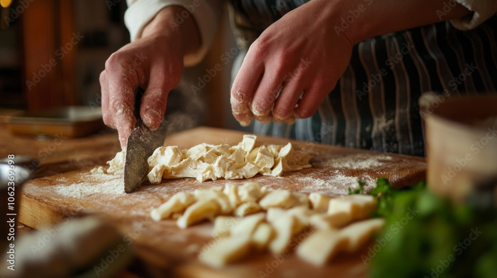 Hands skillfully preparing a family recipe with fresh ingredients and a wooden cutting board in a cozy kitchen during the evening Hands skillfully preparing a family recipe with fresh ingredients and a wooden cutting board in a cozy kitchen during the evening