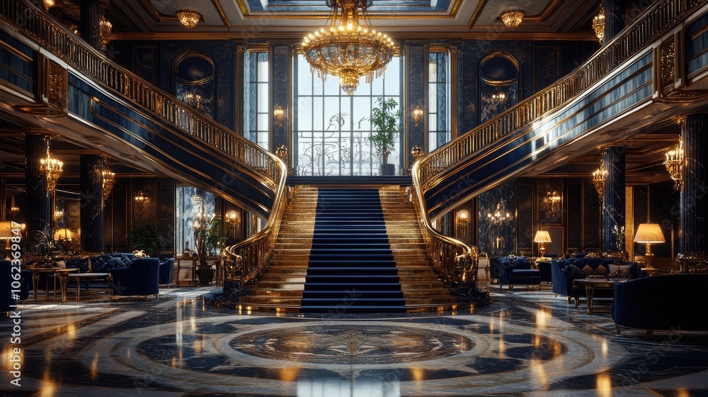 Obraz premium A grand, ornate staircase with gold railings and blue carpeting, leading up to a large window overlooking a cityscape.