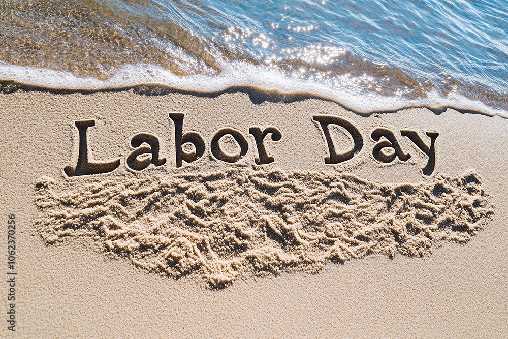 Fototapeta premium The words Labor Day written in the sand on a beach, with water waves