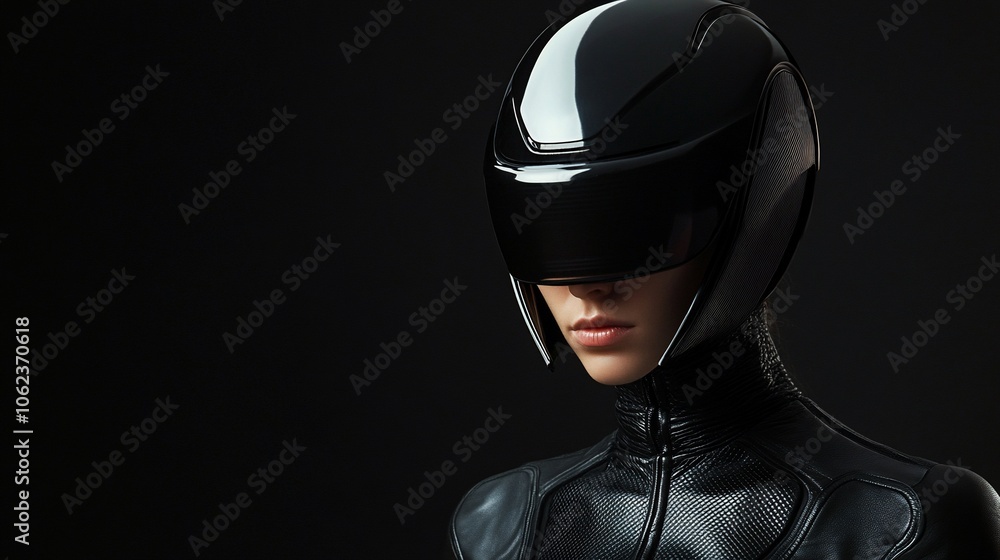 Woman wearing a futuristic helmet with a black background. Woman wearing a futuristic helmet with a black background.