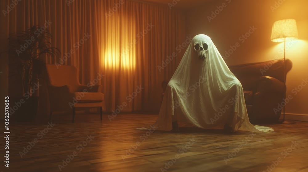 A ghostly figure sits draped in a white sheet on a chair, under warm, ambient light, creating a serene yet mysterious atmosphere that balances calm and intrigue. A ghostly figure sits draped in a white sheet on a chair, under warm, ambient light, creating a serene yet mysterious atmosphere that balances calm and intrigue.