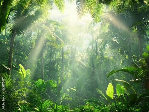 A lush, sunlit forest with dense green foliage and beams of sunlight filtering through the canopy, highlighting the beauty of nature.