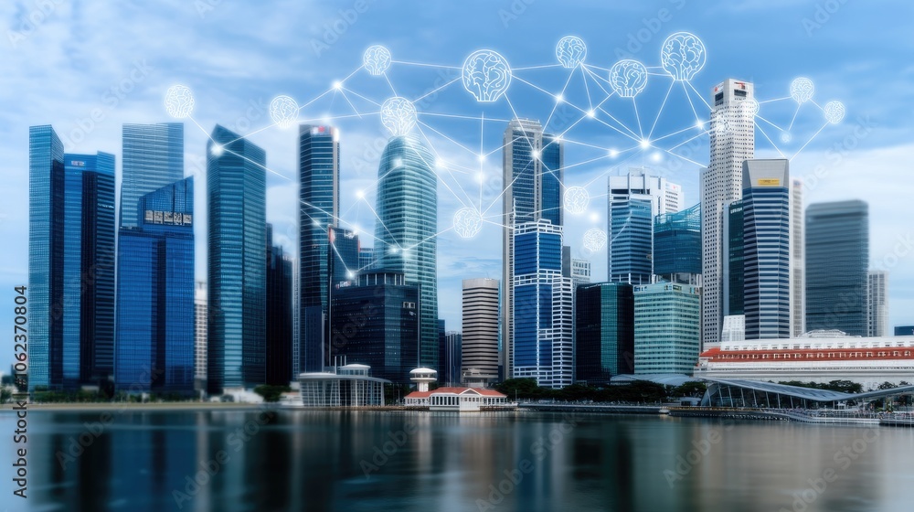 Naklejka premium The showcases skyline with social media icons and interconnected human shapes symbolizing innovation in corporate finance.