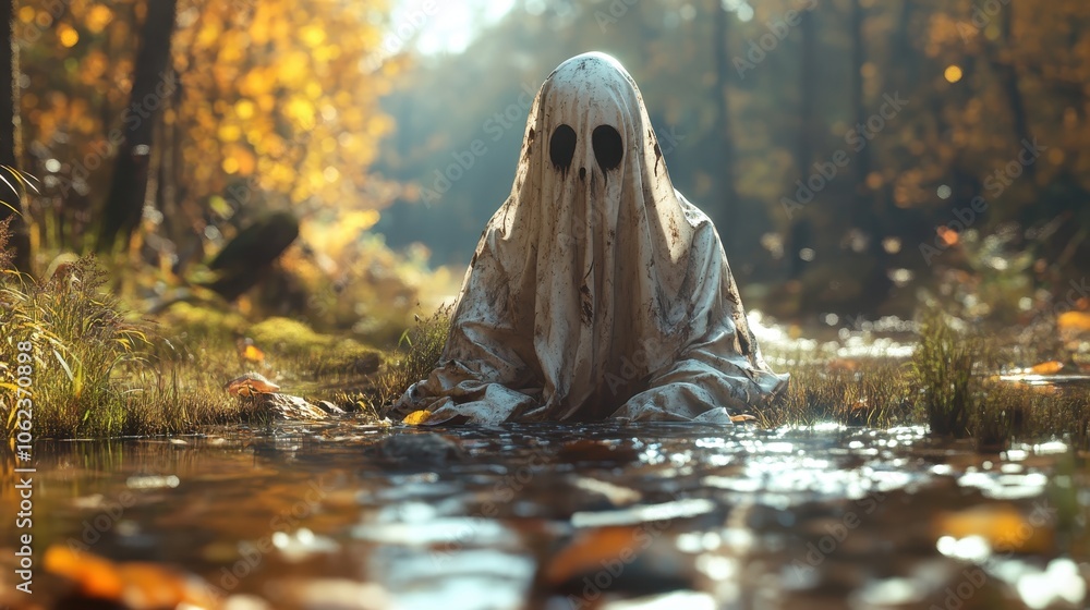 Obraz premium A faceless ghoul cloaked in spectral garb sits beside a stream, nestled in an autumn forest, surrounded by vibrant foliage that reflects its melancholic aura.