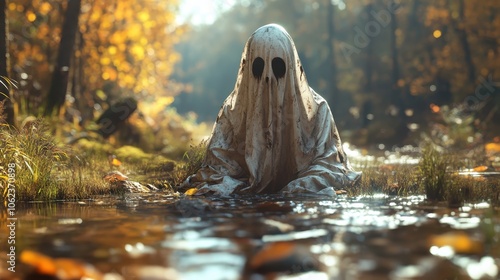 A faceless ghoul cloaked in spectral garb sits beside a stream, nestled in an autumn forest, surrounded by vibrant foliage that reflects its melancholic aura.