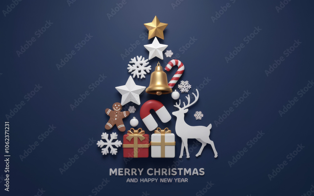 Greeting card concept with the words Merry Christmas. Abstract Christmas tree shape arranged with festive symbols
Greeting card concept with the words Merry Christmas. Abstract Christmas tree shape arranged with festive symbols