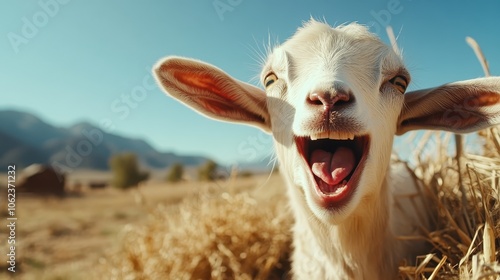 A joyful goat appears to be laughing while standing surrounded by a sunlit hay-filled pasture, exuding energy and lively spirit in this farm scene. photo