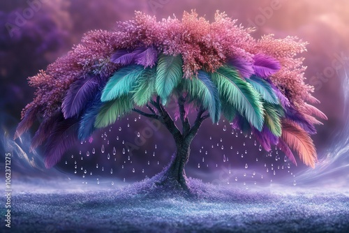 A coral and violet tree with feathers from deep green to lavender, dewdrops blending into a tranquil vortex and lilac-blue mist. photo