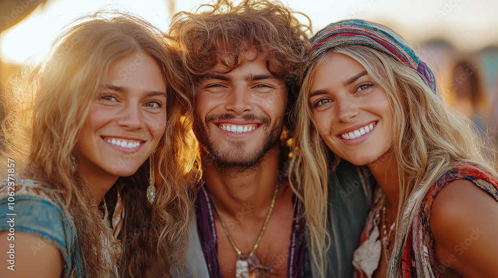 An open shot of a lively group of friends at a music festival, smiling and looking directly at the camera. They are dressed in colorful, bohemian outfits with festival wristbands, An open shot of a lively group of friends at a music festival, smiling and looking directly at the camera. They are dressed in colorful, bohemian outfits with festival wristbands,