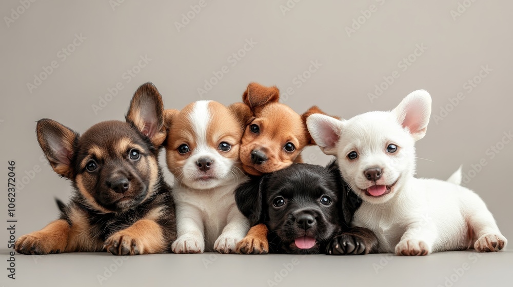 A delightful image of five puppies snuggled together, their varied yet harmonious expressions capturing a moment of unity and affection in a serene setting. A delightful image of five puppies snuggled together, their varied yet harmonious expressions capturing a moment of unity and affection in a serene setting.