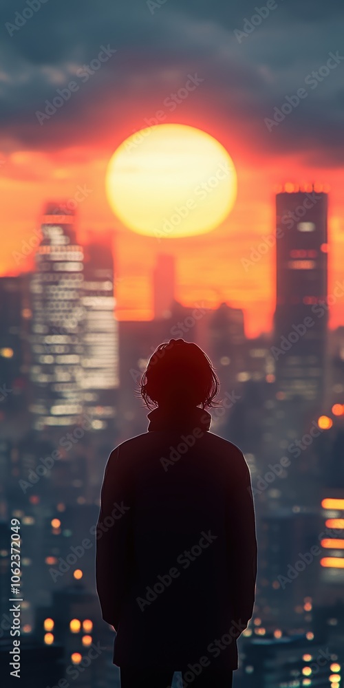 Silhouette of a young man against a vibrant sunset over a city skyline. Silhouette of a young man against a vibrant sunset over a city skyline.