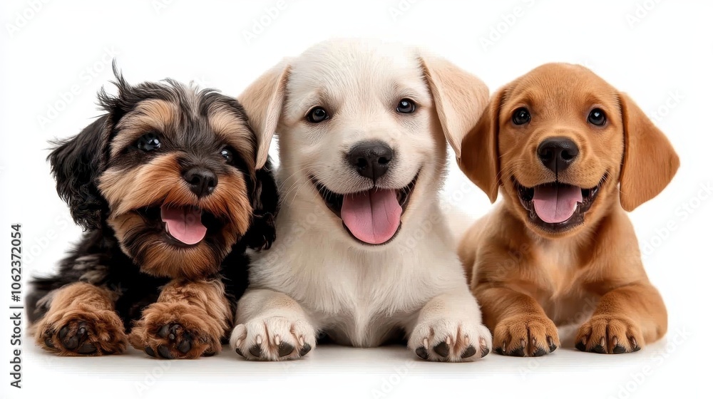A delightful trio of puppies with big smiles, expressing joy and happiness, perfect for anyone looking for a dose of cuteness and positivity. A delightful trio of puppies with big smiles, expressing joy and happiness, perfect for anyone looking for a dose of cuteness and positivity.