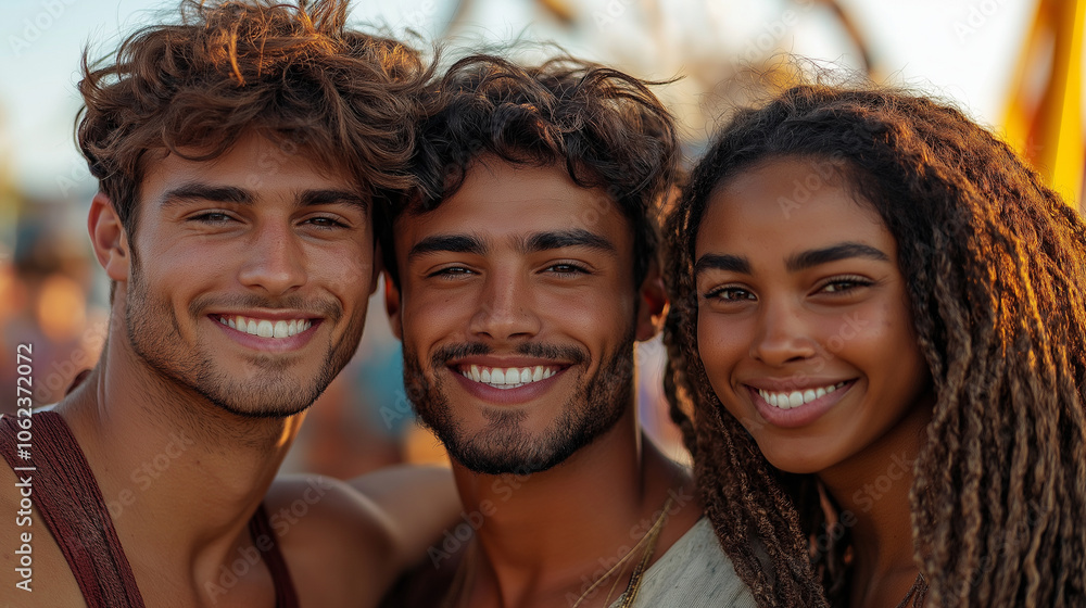 A warm, candid open shot of a group of friends standing close together at a music festival, looking straight at the camera with big smiles. Theyâre dressed in casual festival wear,