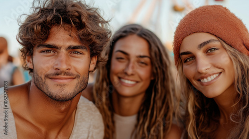 A warm, candid open shot of a group of friends standing close together at a music festival, looking straight at the camera with big smiles. Theyâre dressed in casual festival wear,