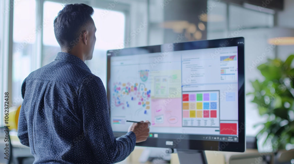 A person brainstorming ideas digitally at a touchscreen display in a modern office environment during the daytime A person brainstorming ideas digitally at a touchscreen display in a modern office environment during the daytime