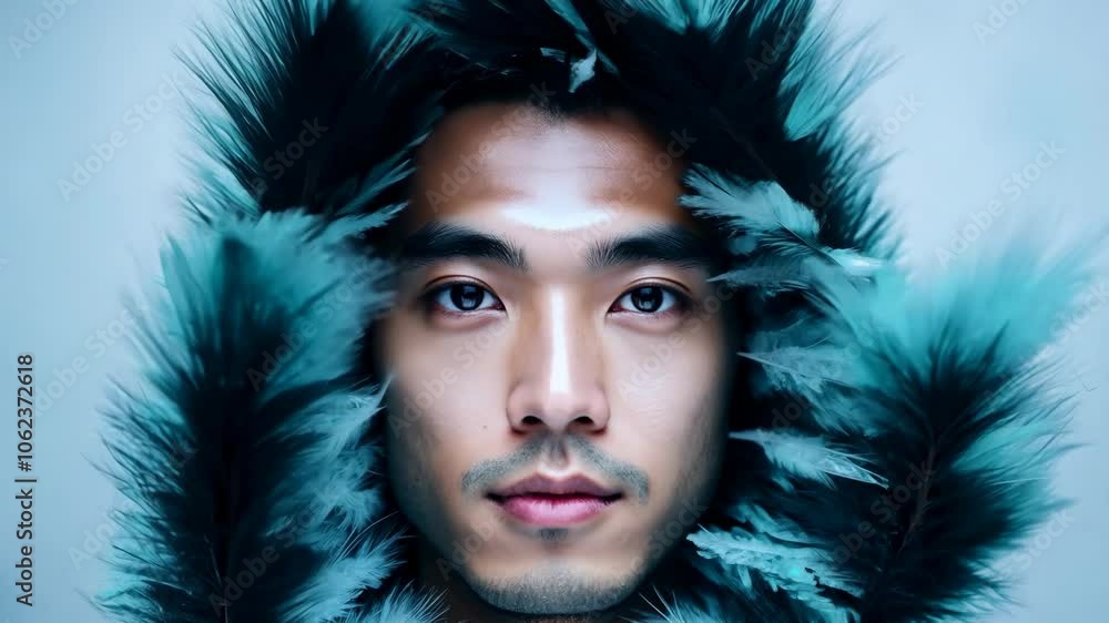 Portrait of man in fur hood with intense gaze and blue-tinted fur Portrait of man in fur hood with intense gaze and blue-tinted fur