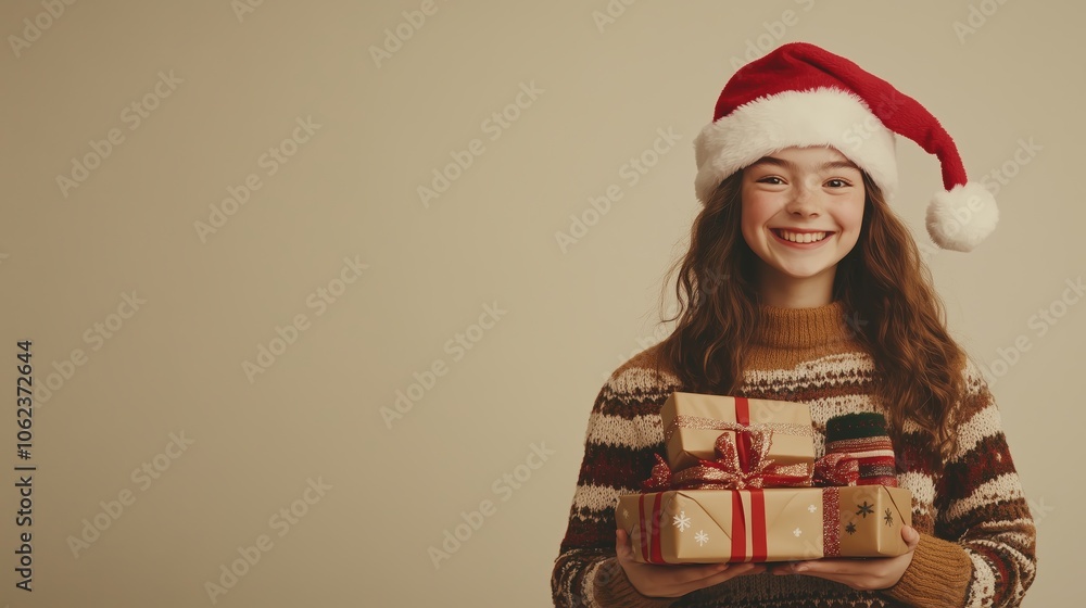 Teenager in Christmas sweater holds stack of gifts, holiday warmth Teenager in Christmas sweater holds stack of gifts, holiday warmth