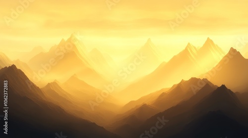 A hazy sunrise bathes a majestic mountain range in a golden glow.