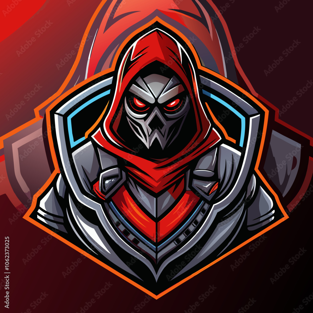 A striking assassin logo featuring a hooded figure with menacing red eyes, showcasing a powerful presence in eSports branding A striking assassin logo featuring a hooded figure with menacing red eyes, showcasing a powerful presence in eSports branding